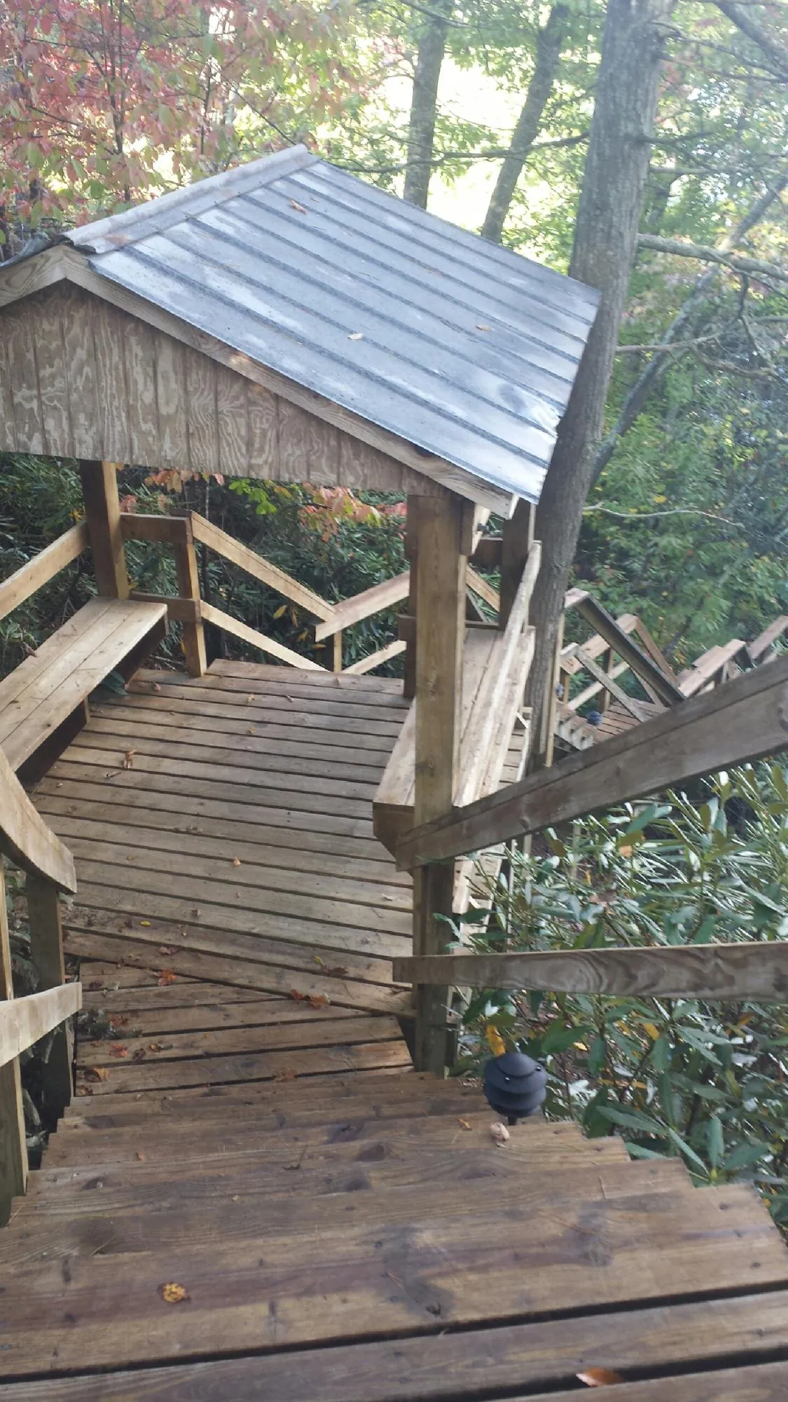 Metal roofed shelter over wooden steps on a wooded walkway — Skylight Repair & Installation work by our crew in Ruthville